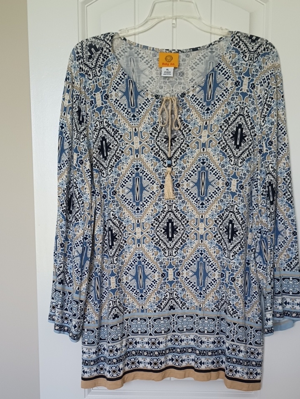 Ruby Rd. Blue, Cream & Black Printed Tunic with Tassel